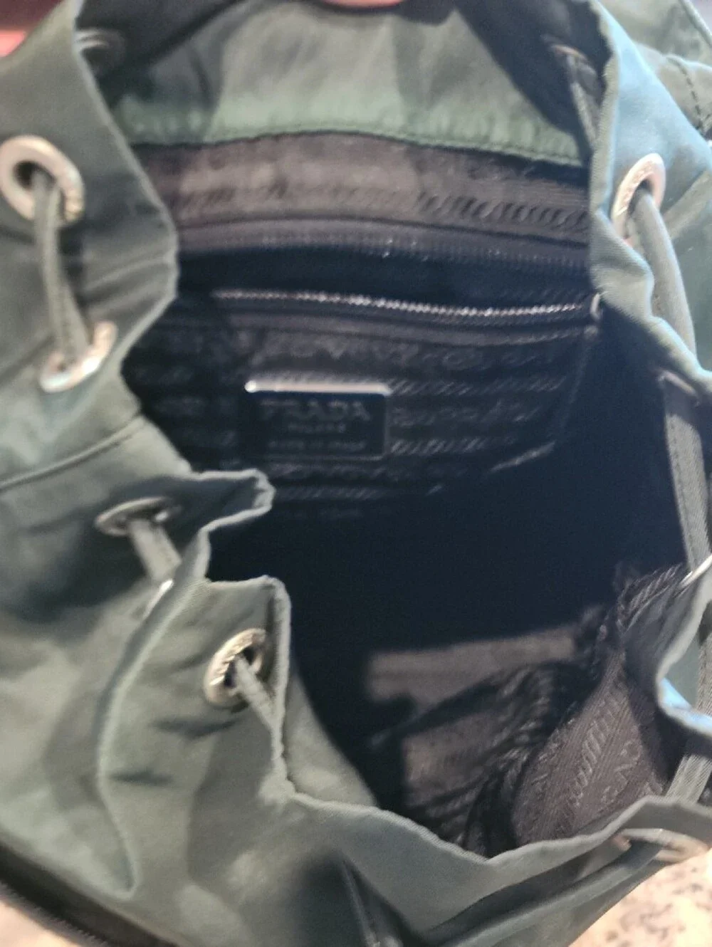 90s Clasaic Prada Dark Green Nylon Backpack with Black Trim